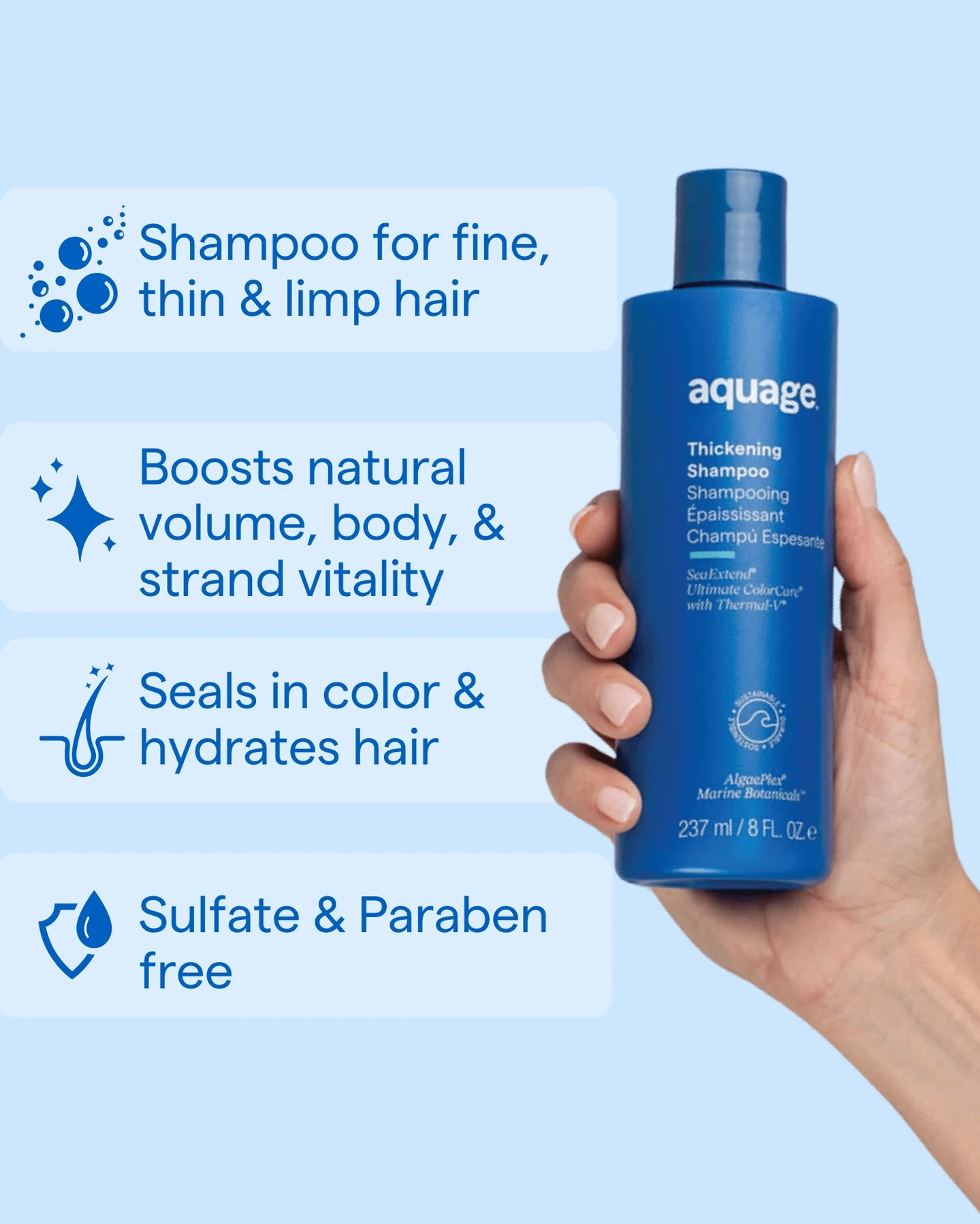 Hand holding Aquage Thickening Shampoo bottle with text highlighting volume boost and sulfate free