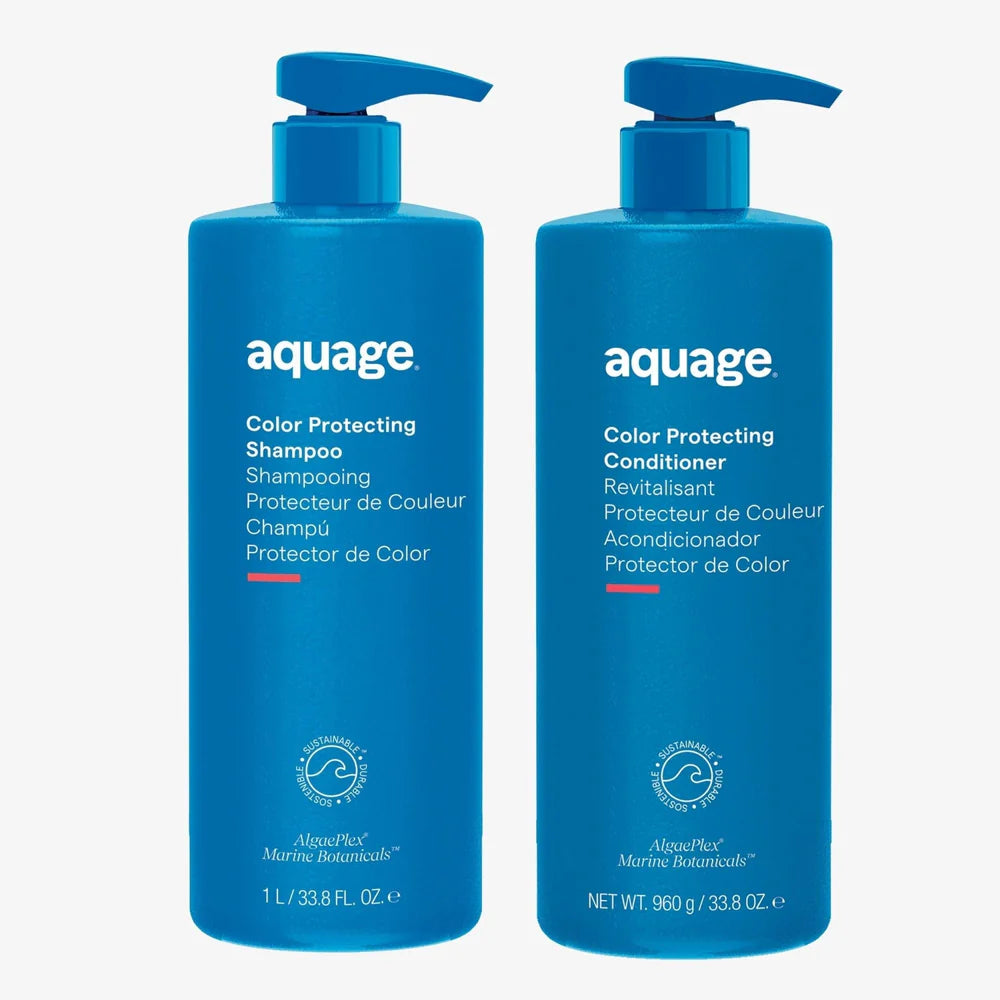 Aquage Color Protecting Shampoo and Conditioner Duo in Blue Bottles for Vibrant Hair Color Care