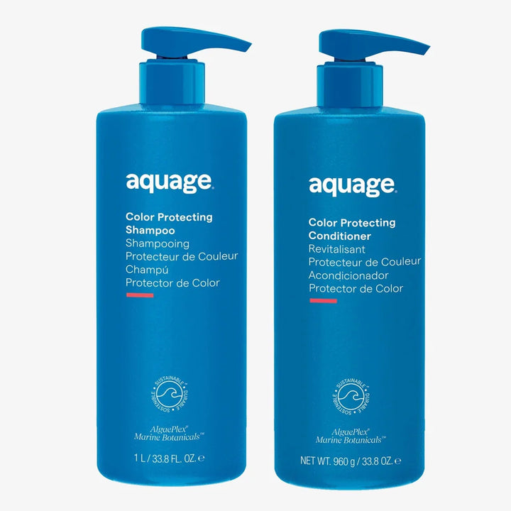 Aquage Color Protecting Shampoo and Conditioner Duo in Blue Bottles for Vibrant Hair Color Care