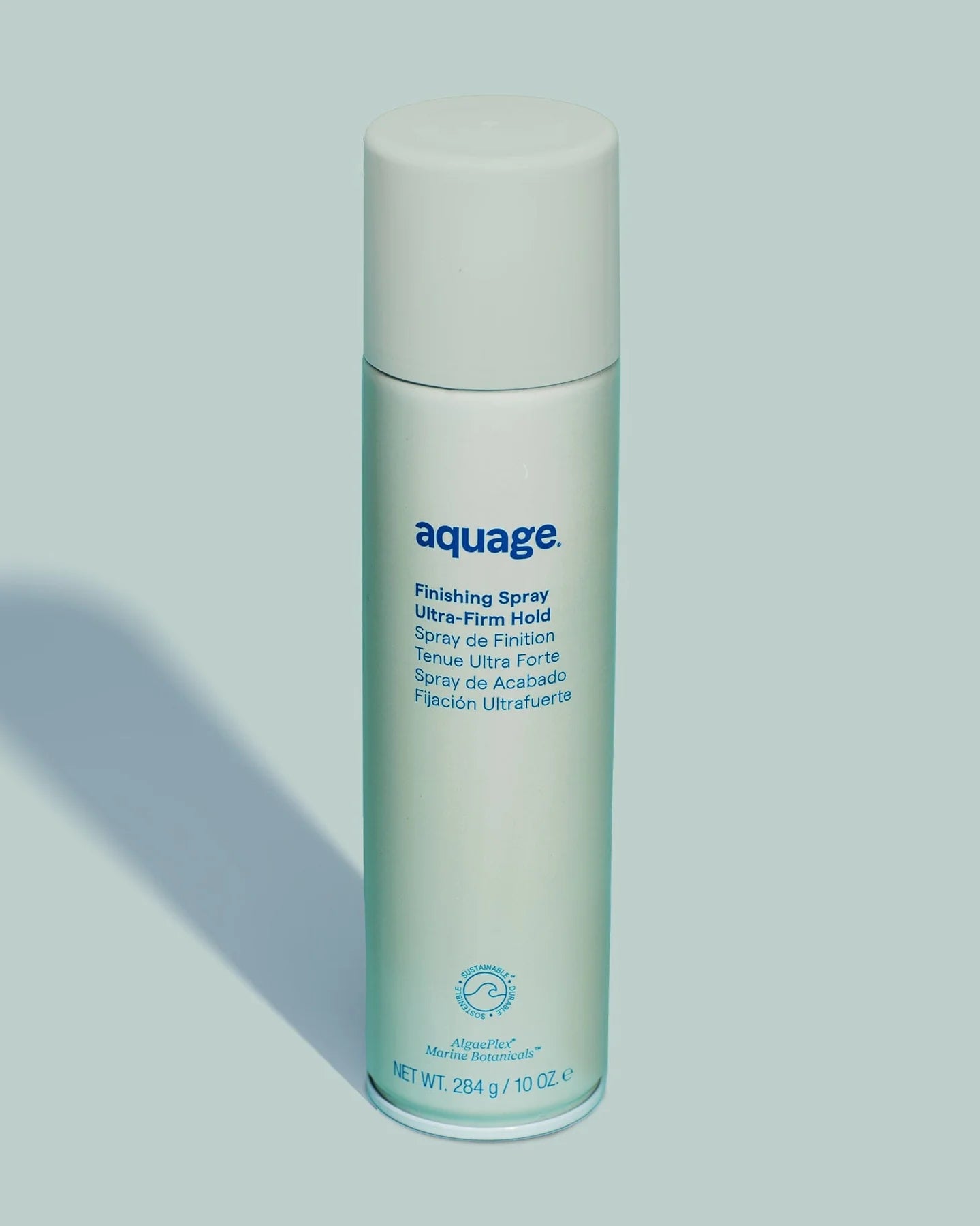 Aquage finishing spray ultra-firm hold hair product in a white cylindrical bottle