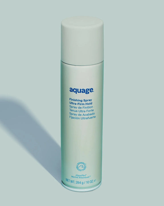Aquage finishing spray ultra-firm hold hair product in a white cylindrical bottle