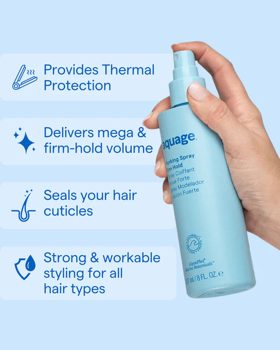 Aquage Heat Protectant for Hair Spray in blue bottle for strong and workable styling