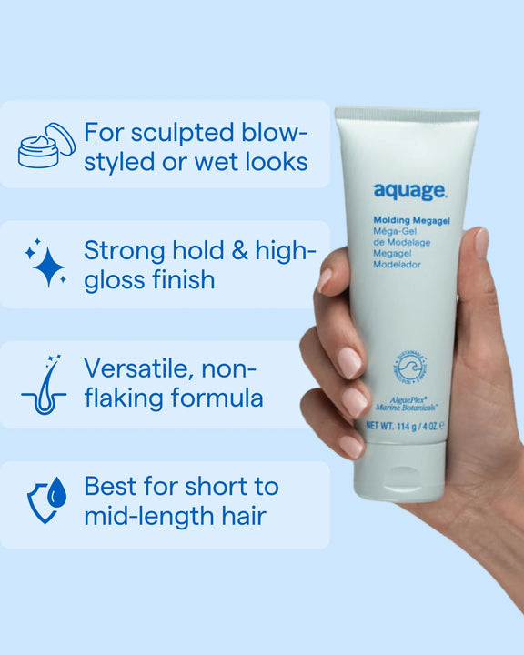 Hand holding Aquage Molding Megagel 4 oz tube with features like strong hold and high gloss finish