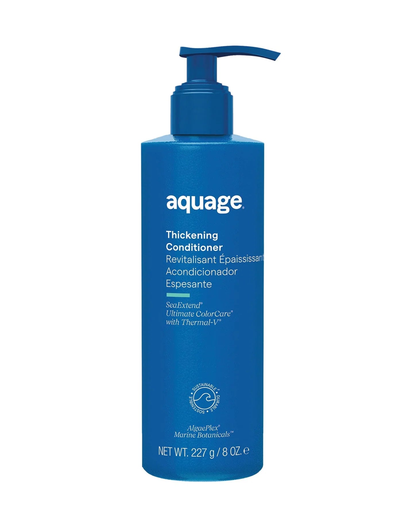 Aquage thickening conditioner in a blue pump bottle for volumizing and nourishing hair