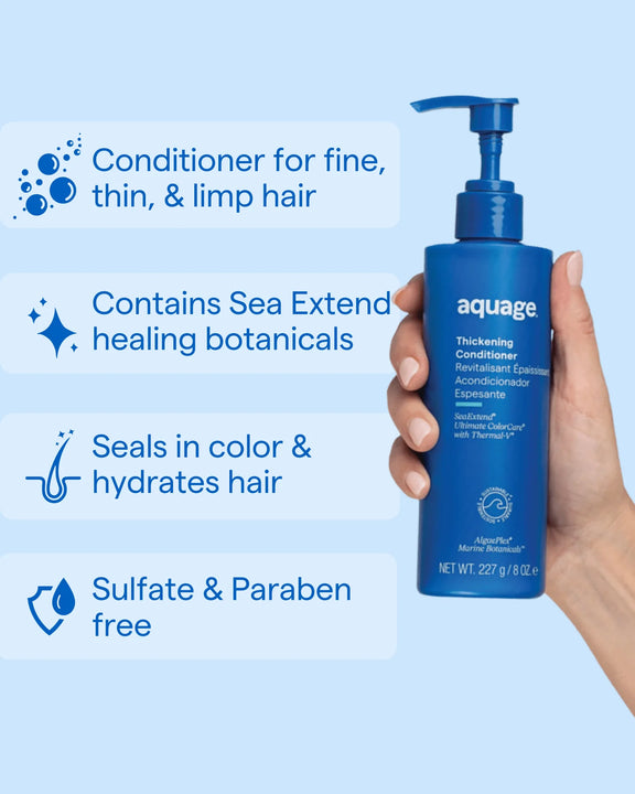 Hand holding Aquage thickening conditioner bottle with text highlighting benefits for fine, thin hair