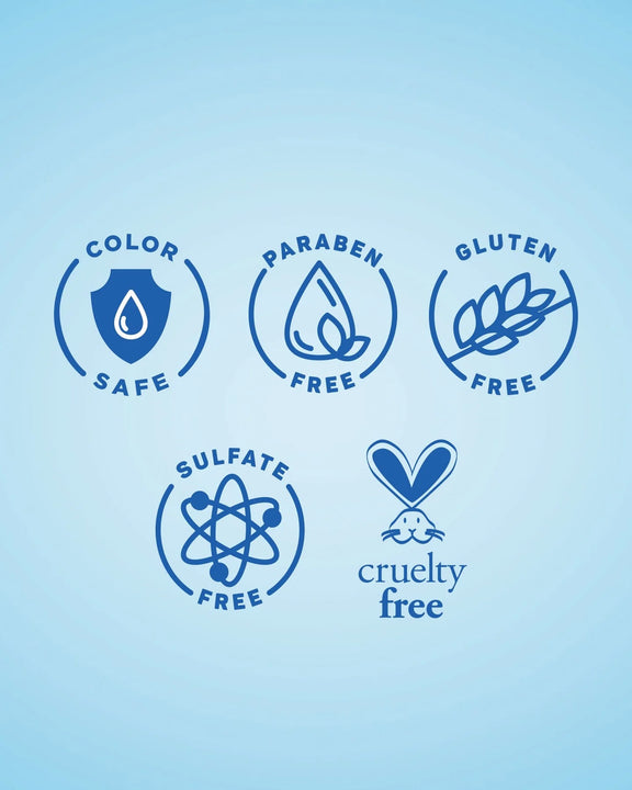 Icons showing Aquage thickening conditioner is color safe paraben free gluten free sulfate free and cruelty free