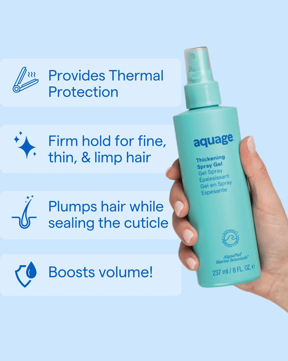 Hand holding Aquage thickening spray gel bottle highlighting thermal protection and volume boost