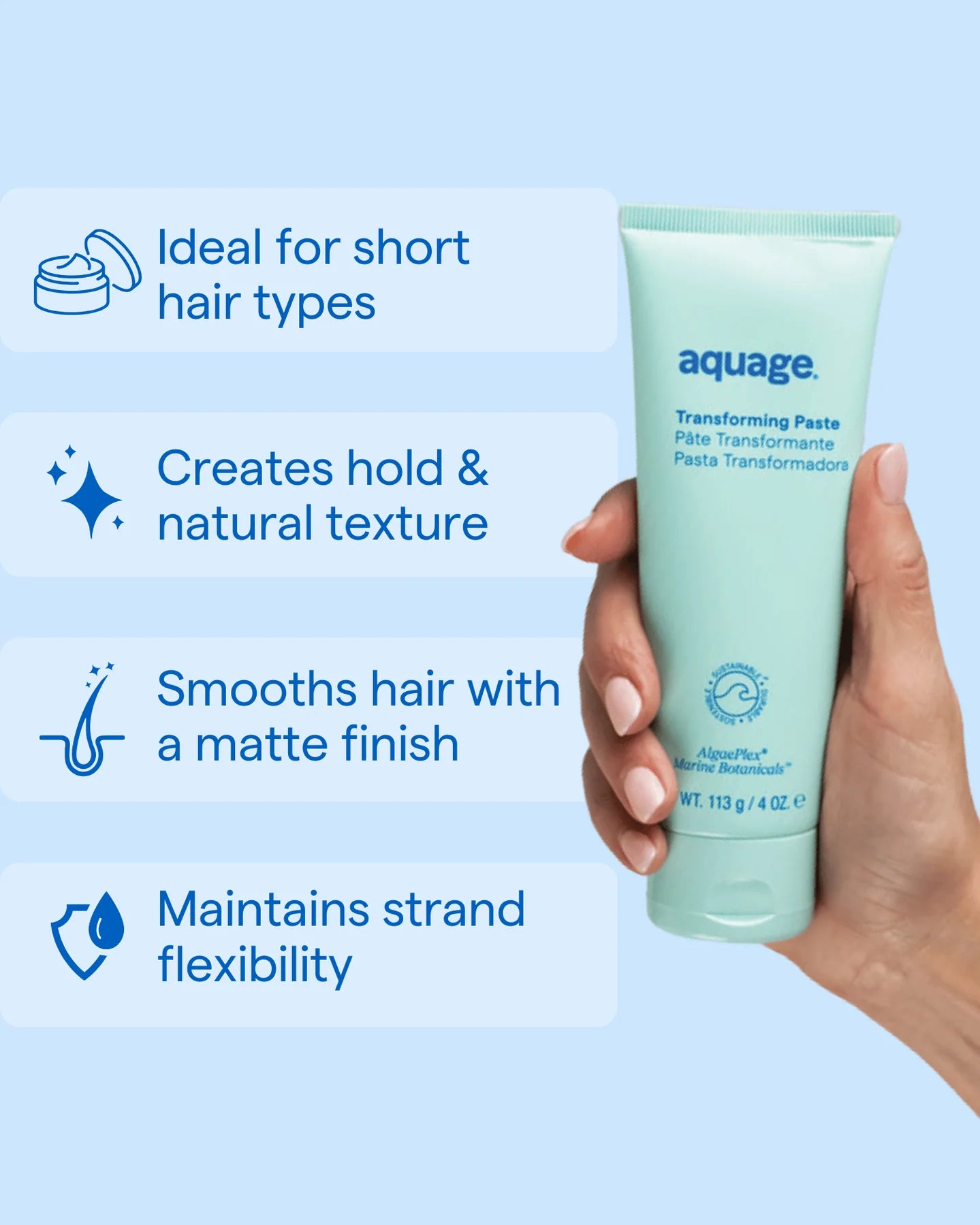 Hand holding Aquage Transforming Paste tube with benefits for short hair and natural texture