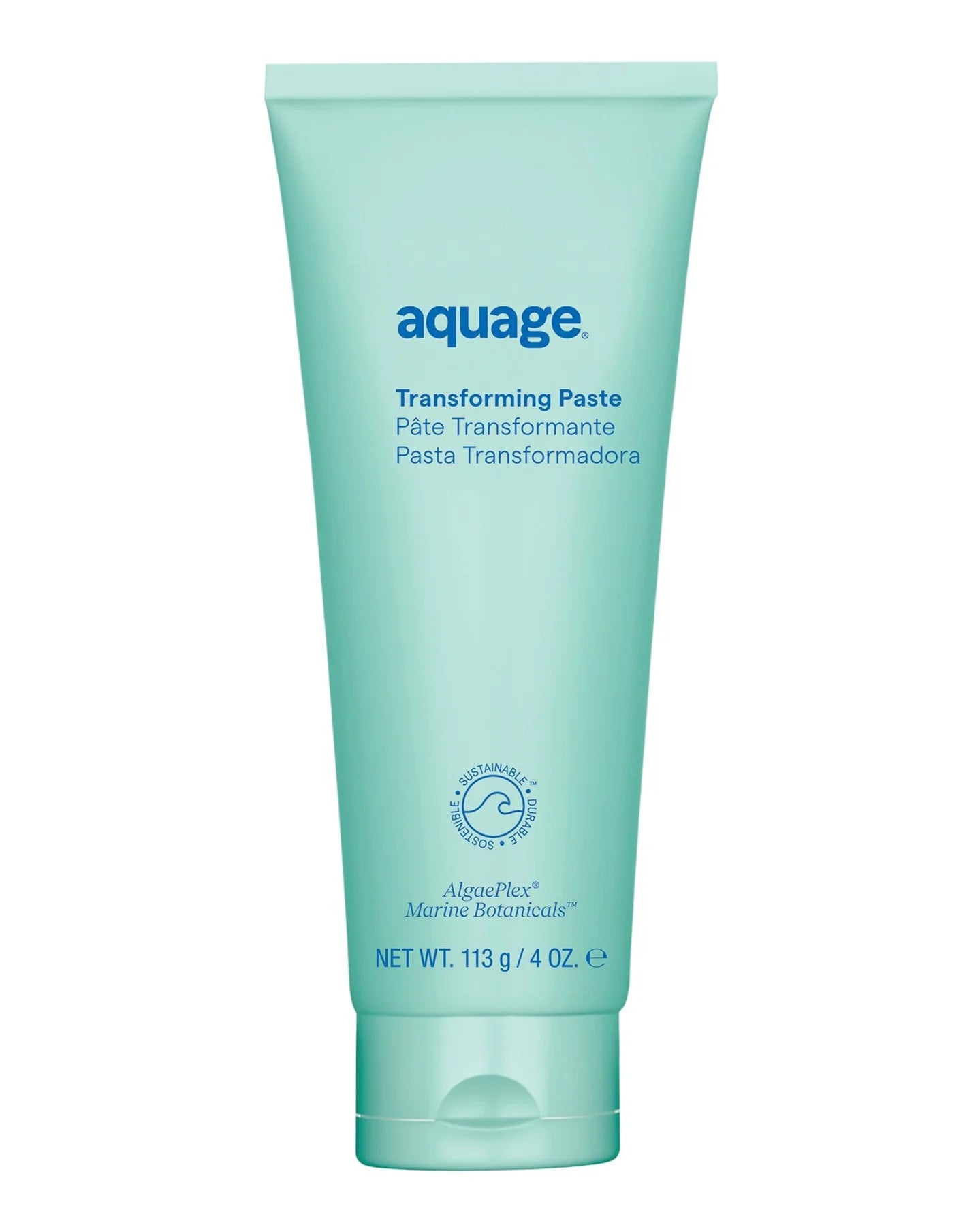 Aquage Transforming Paste in a blue-green squeeze tube with 4 oz size for hair styling