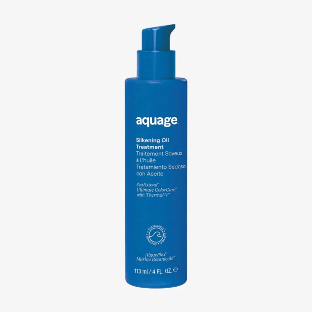 Aquage Silkening Oil Treatment in a blue bottle for losing hair with nourishing formula