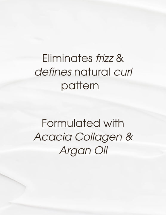 Text on white background describing argan oil curl cream that eliminates frizz and defines natural curl pattern