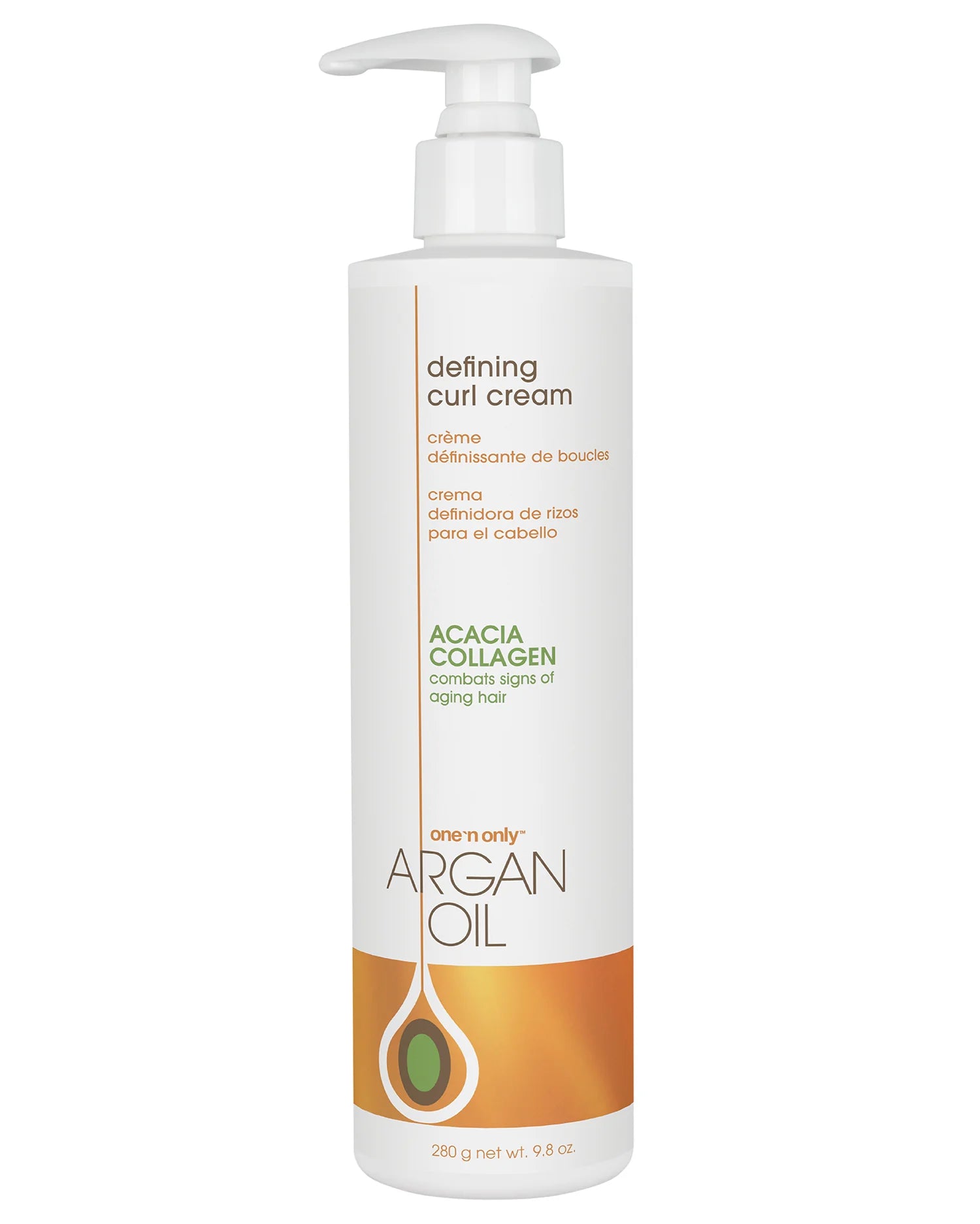 One N Only argan oil curl cream defining curl cream with acacia collagen in white pump bottle