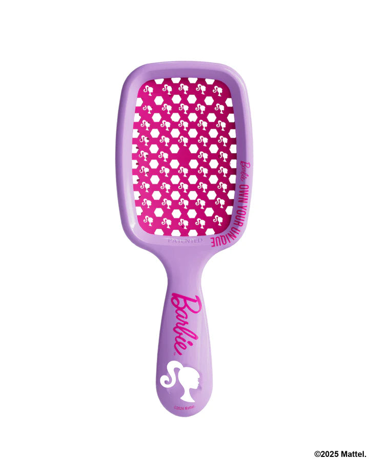 Barbie detangling hair brush in purple with playful pink design for effortless hair detangling