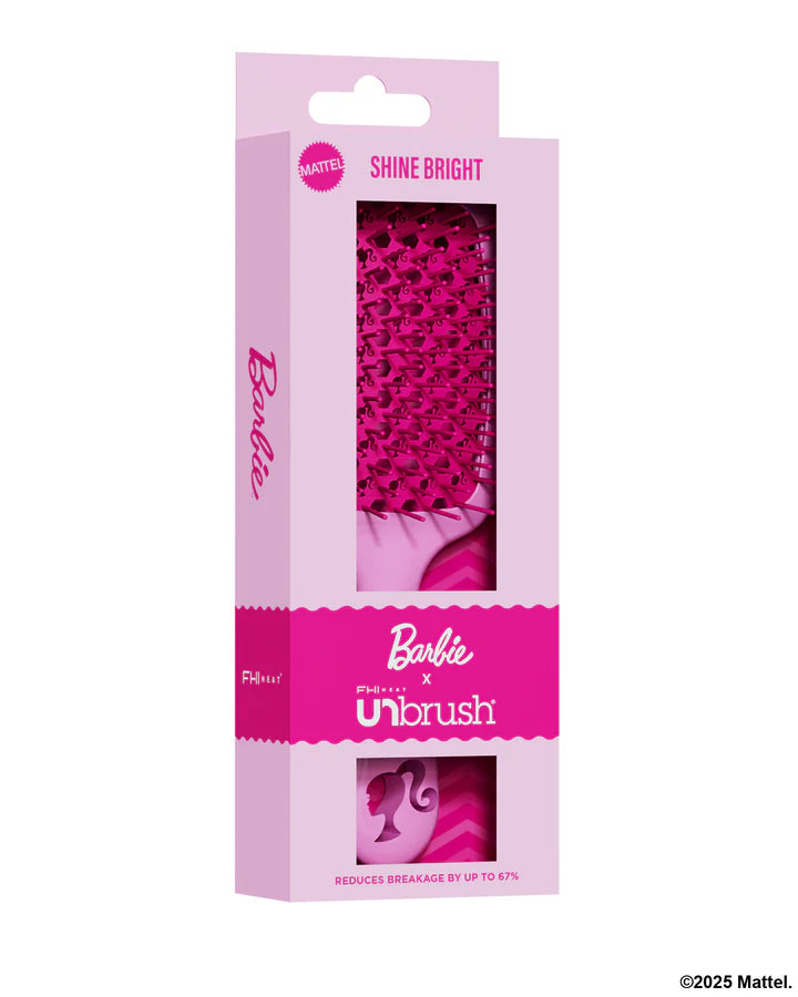 Barbie detangling hair brush by Unbrush in pink packaging designed to reduce breakage