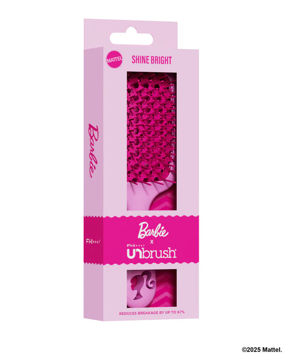 Barbie detangling hair brush by Unbrush in pink packaging designed to reduce breakage