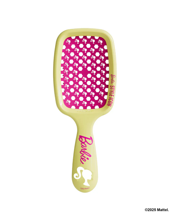 Unbrush Barbie detangling hair brush with a fun pink and yellow design featuring Barbie silhouettes