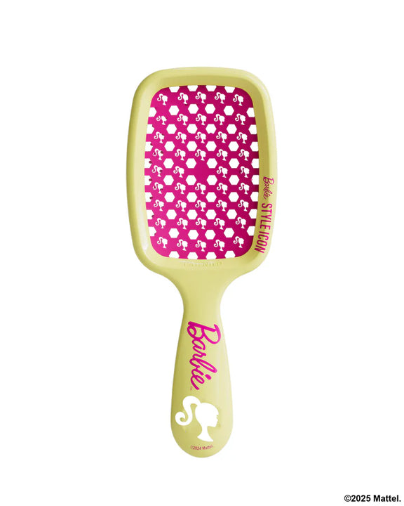 Unbrush Barbie detangling hair brush with a fun pink and yellow design featuring Barbie silhouettes