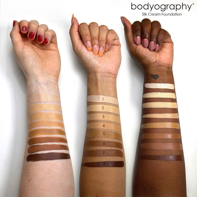 Bodyography Silk Cream Foundation Palette swatches on diverse skin tones for a range of foundation shades