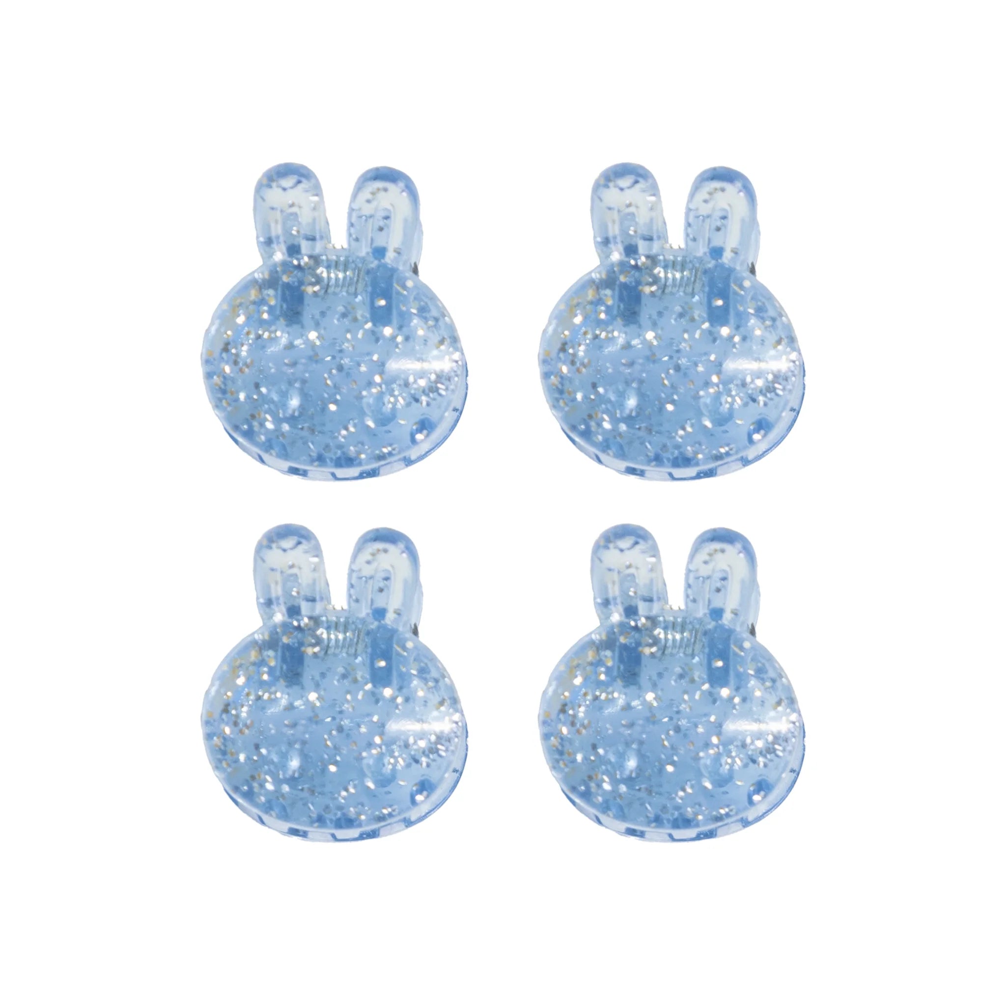Set of four blue bunny-shaped grips designed for holding the dryer vent brush kit securely