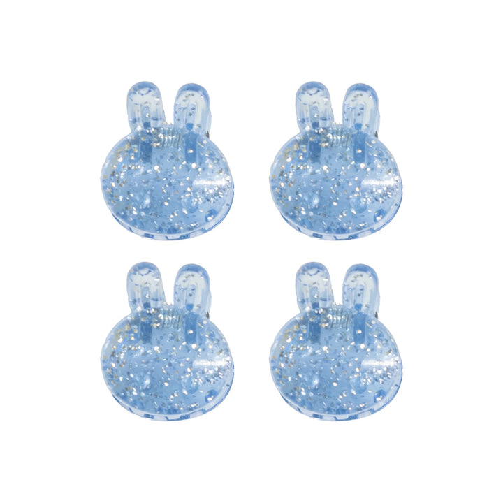 Set of four blue bunny-shaped grips designed for holding the dryer vent brush kit securely