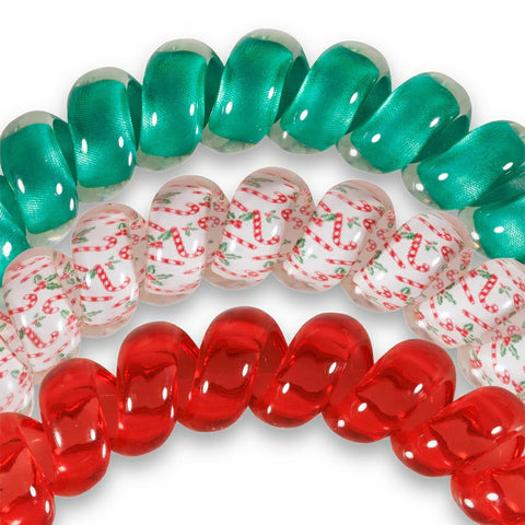 Teleties Christmas hair ties set featuring green, red, and candy cane designs for festive ponytails