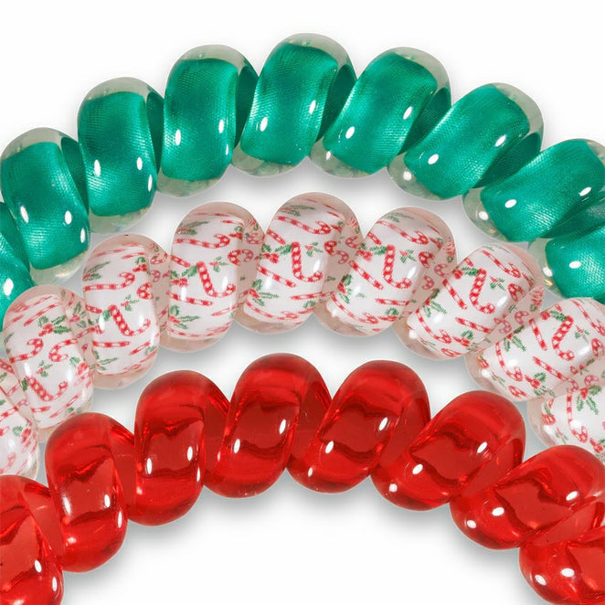 Teleties Christmas hair ties set featuring green, red, and candy cane designs for festive ponytails