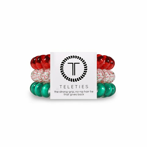 Teleties Christmas hair ties in red, green, and white with no-rip grip for festive hairstyles