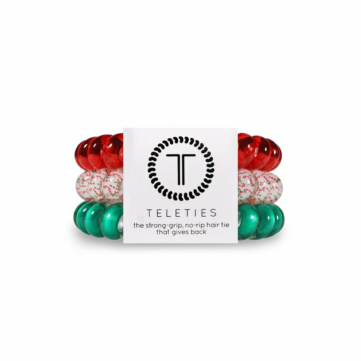 Teleties Christmas hair ties in red, green, and white with no-rip grip for festive hairstyles