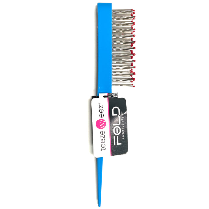 Wet Brush compact foldable teasing styler in blue with fine metal bristles for easy styling