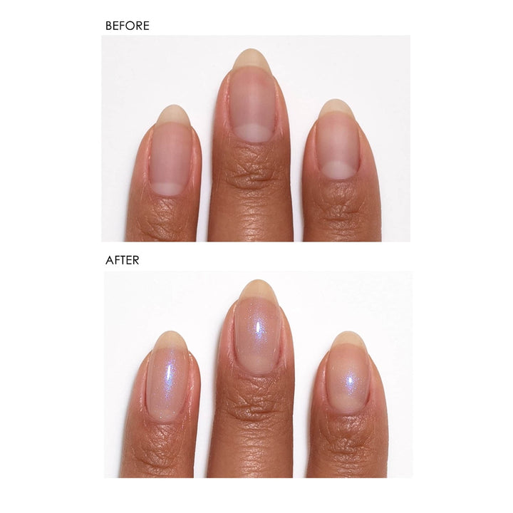 Dermelect Camo-Nude ridge filler before and after on three fingernails showing smoother glossy finish