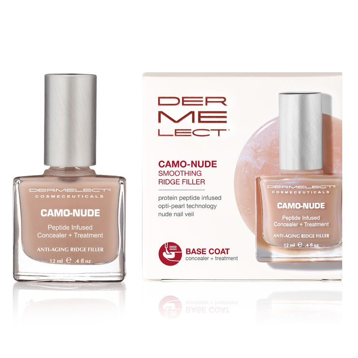 Dermelect Camo-Nude ridge filler smoothing base coat bottle and box peptide infused anti aging nail concealer