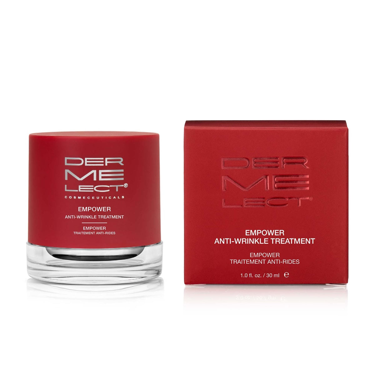 Dermelect Empower Anti-Wrinkle Treatment red glass jar and matching red box on white background