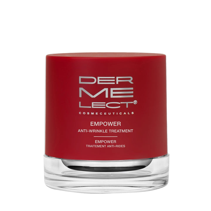 Dermelect Empower Anti-Wrinkle Treatment red jar with clear glass base for anti aging face care
