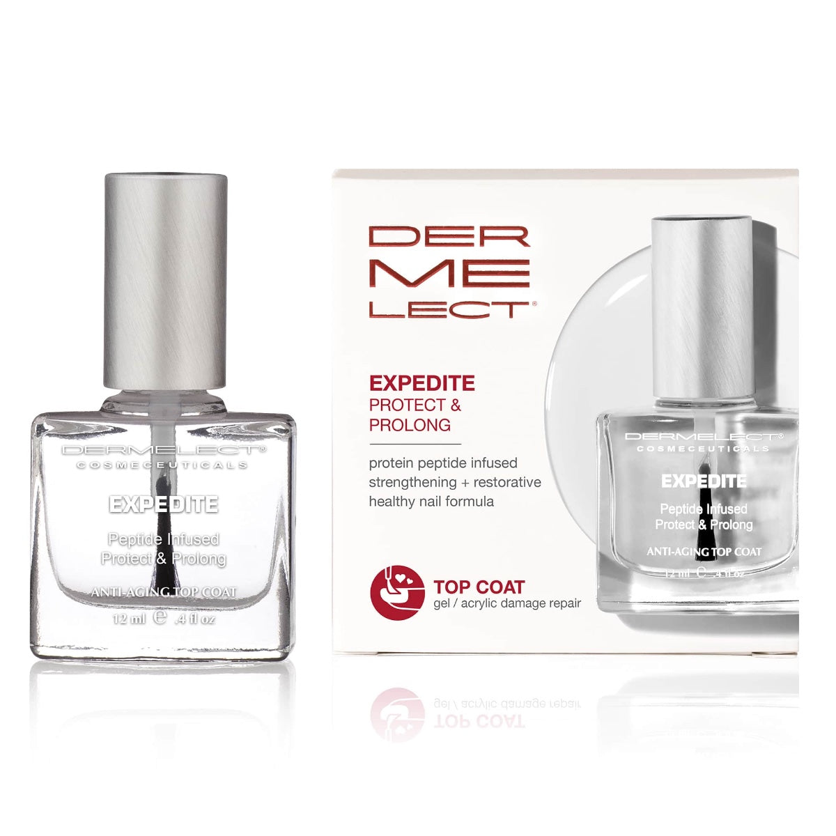 Dermelect Expedite top coat clear glass bottle beside product box highlighting protein peptide nail repair