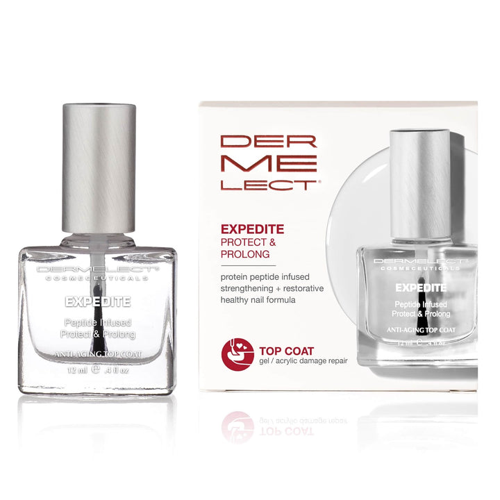 Dermelect Expedite top coat clear glass bottle beside product box highlighting protein peptide nail repair
