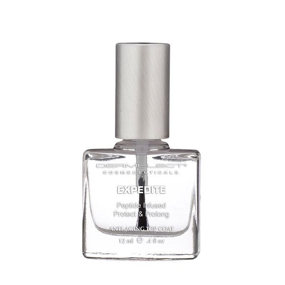 Dermelect Expedite top coat. Clear glossy anti aging nail top coat in square glass bottle with silver cap 12 ml