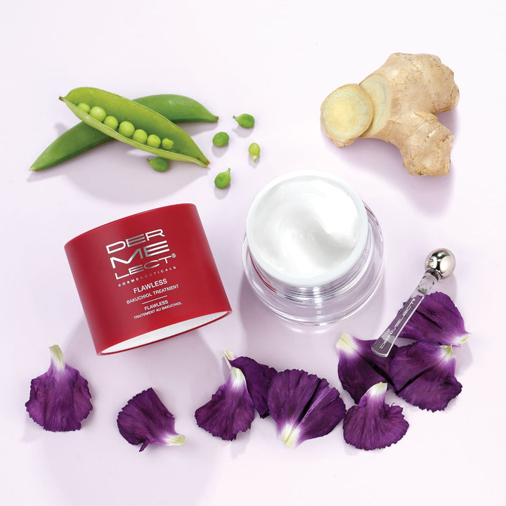 Dermelect Flawless Bakuchiol Treatment jar open showing white cream with ginger root pea pod purple petals and applicator