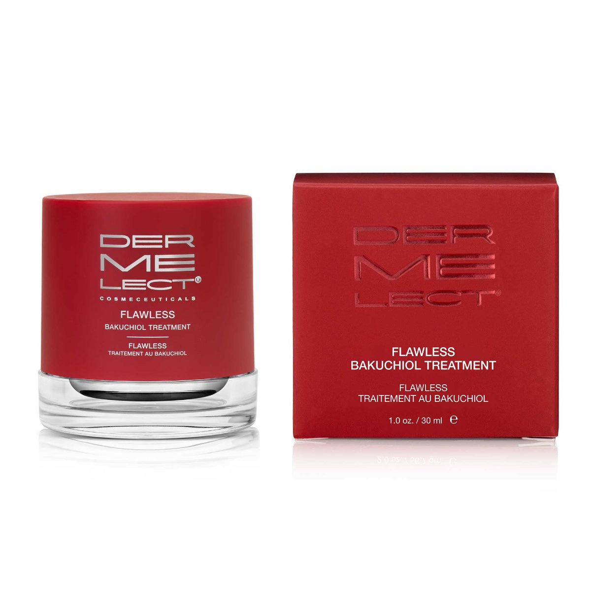 Dermelect Flawless Bakuchiol Treatment jar and red box packaging side by side product image