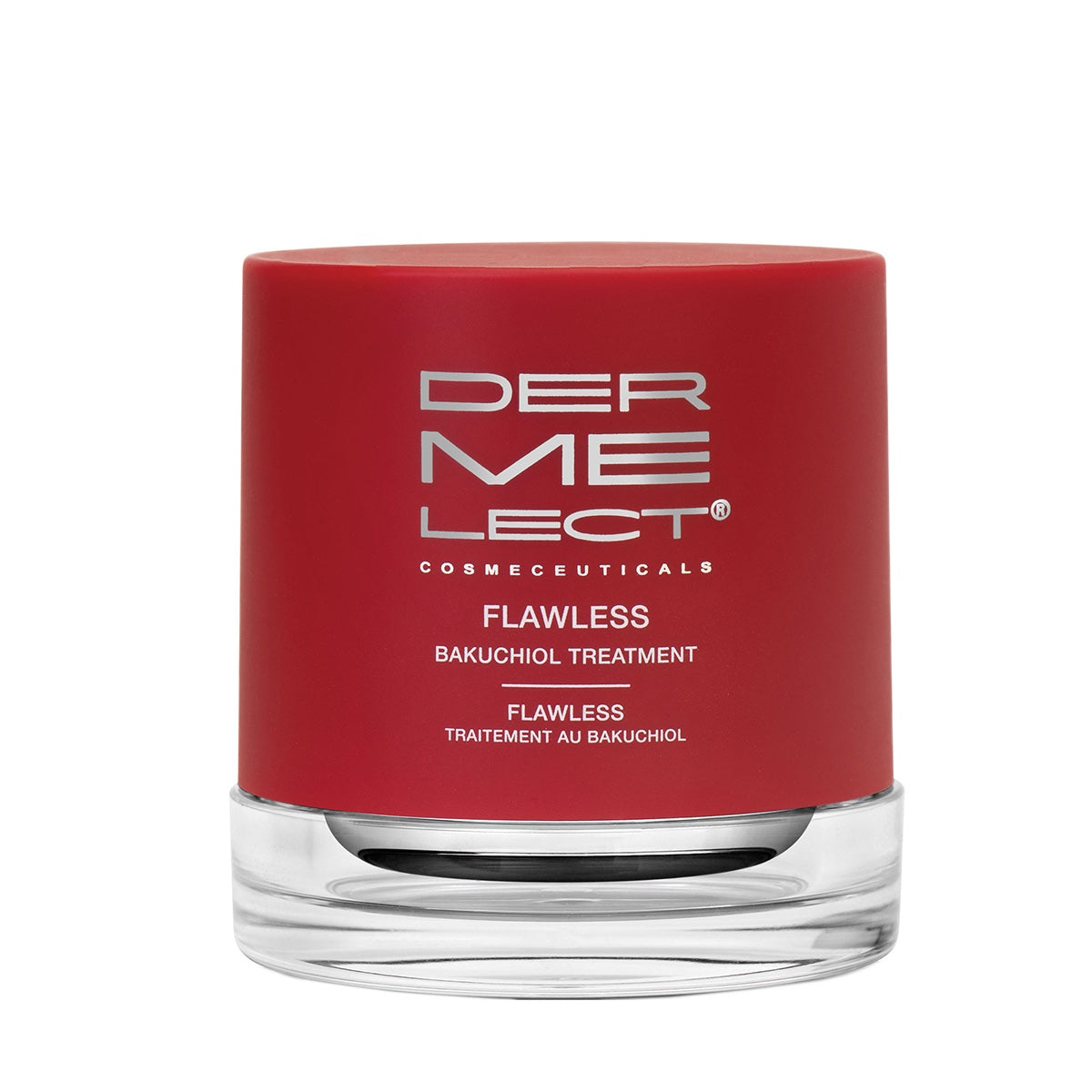 Dermelect Flawless Bakuchiol Treatment red jar with clear base on white background anti aging cream