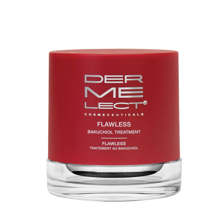 Dermelect Flawless Bakuchiol Treatment red jar with clear base on white background anti aging cream