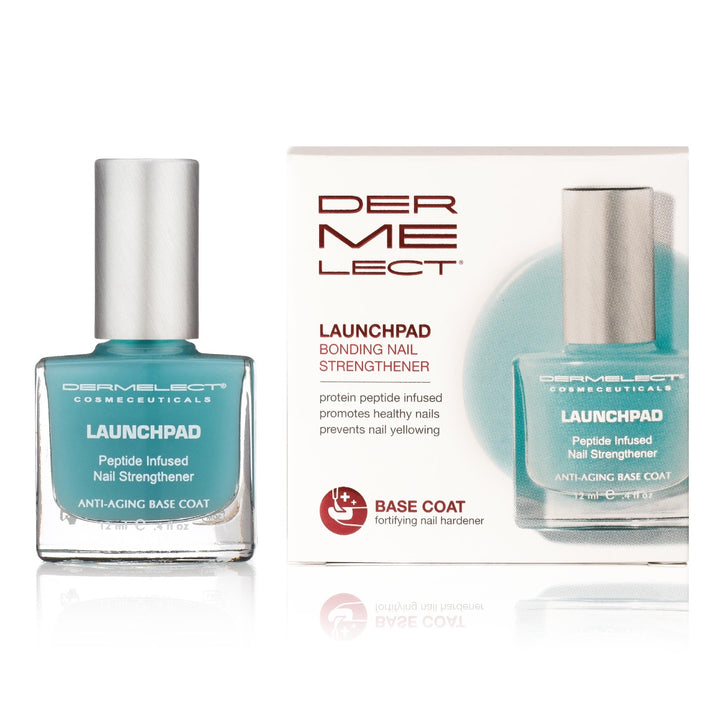 Dermelect Launchpad nail strengthener teal bottle and box peptide infused anti aging base coat