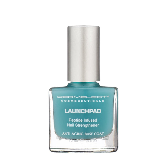 Dermelect Launchpad nail strengthener teal glass bottle with silver cap peptide infused anti aging base coat