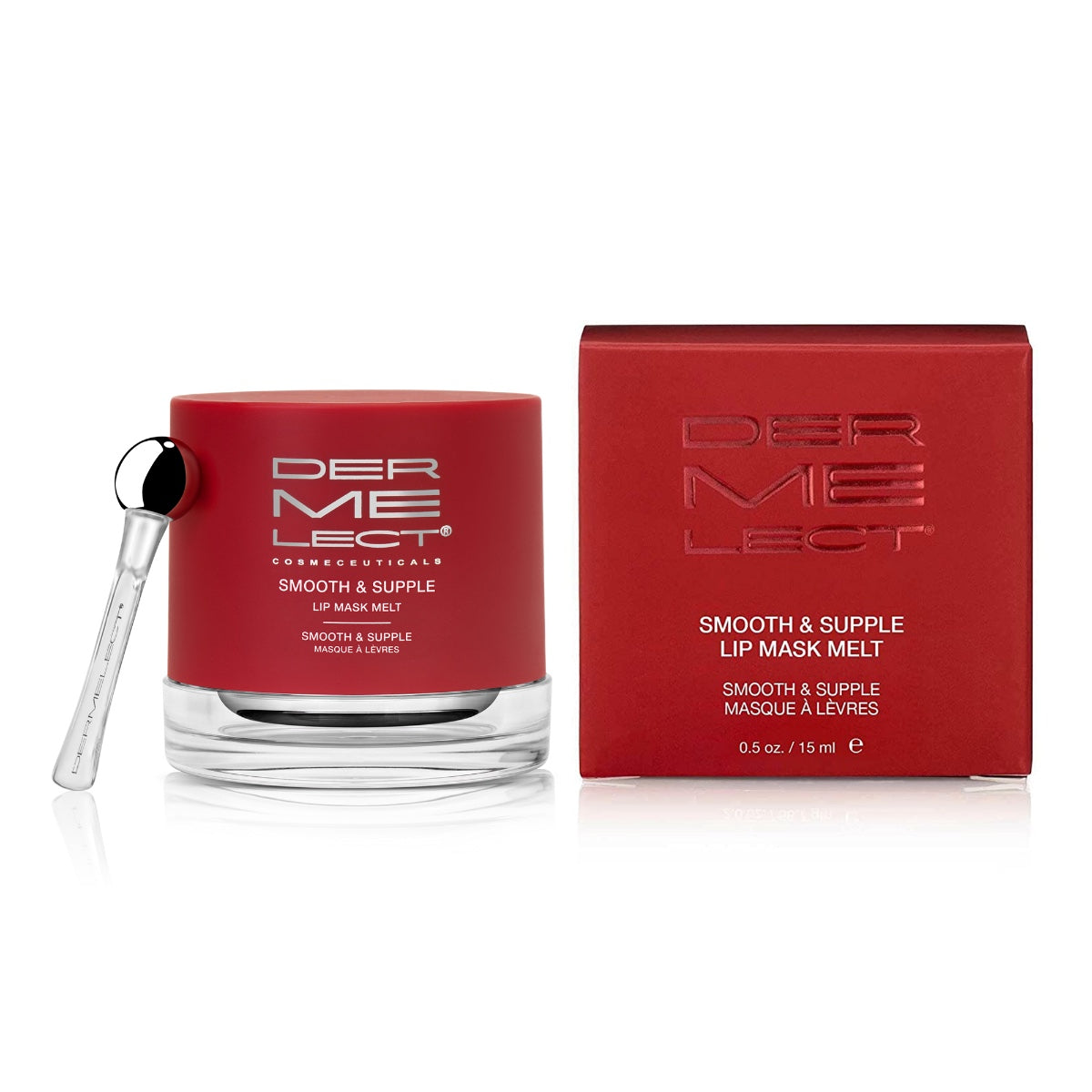 Dermelect lip mask melt red jar with spatula and matching box smooth and supple lip treatment 15 ml