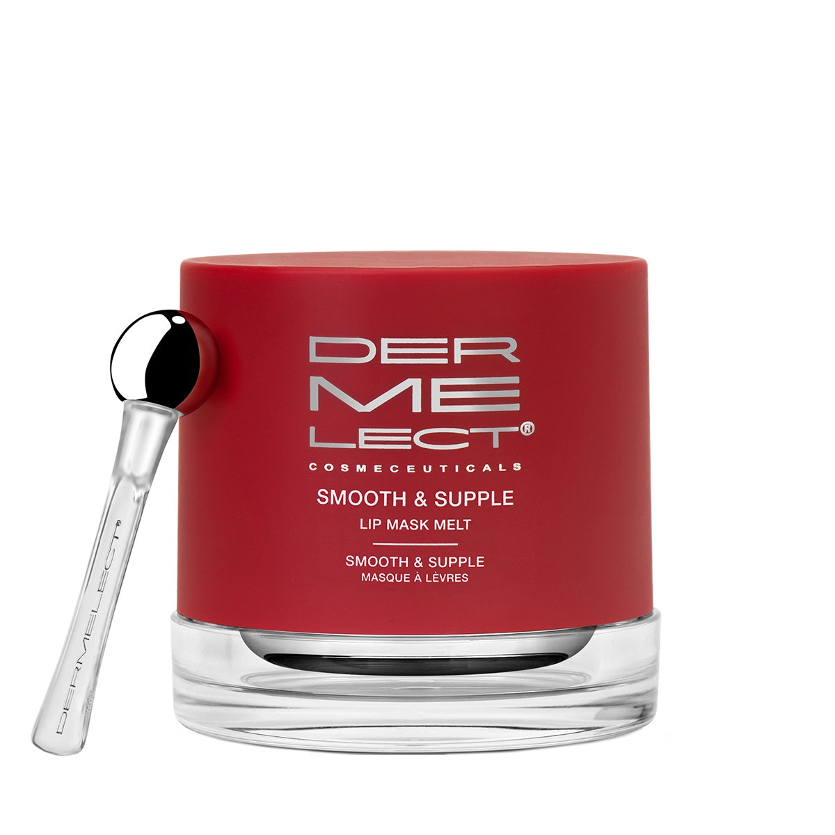 Dermelect lip mask melt jar in red with silver base and applicator spoon for smooth supple lips
