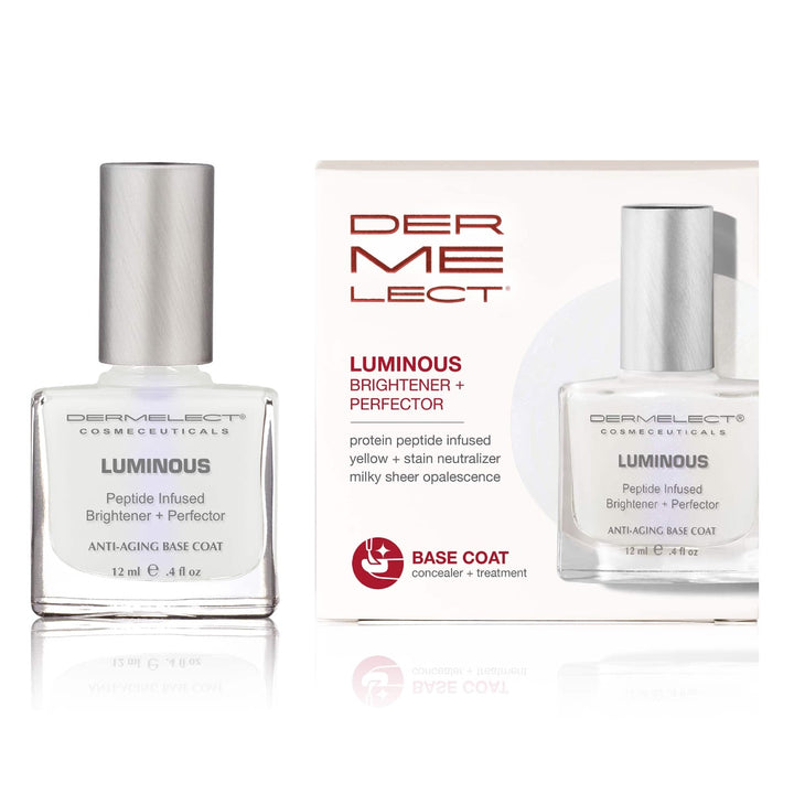 Dermelect Luminous Brightener review shows bottle and box of peptide infused anti aging base coat for nails