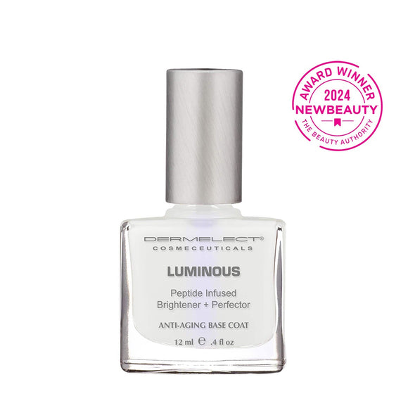 Dermelect Luminous Brightener review white peptide infused anti aging base coat bottle with NewBeauty 2024 award