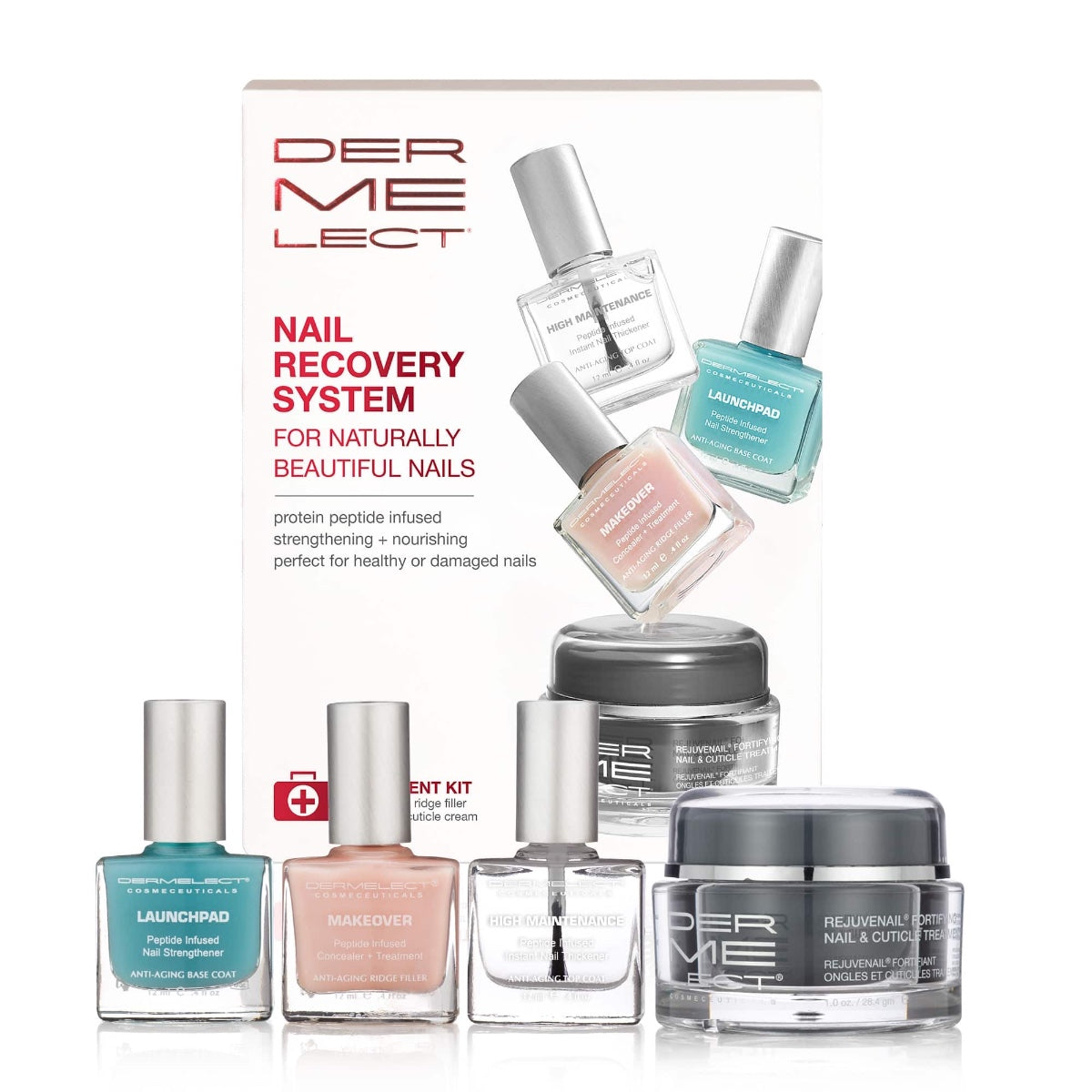Dermelect nail recovery kit set with turquoise and pink polish bottles plus clear treatment jar and box