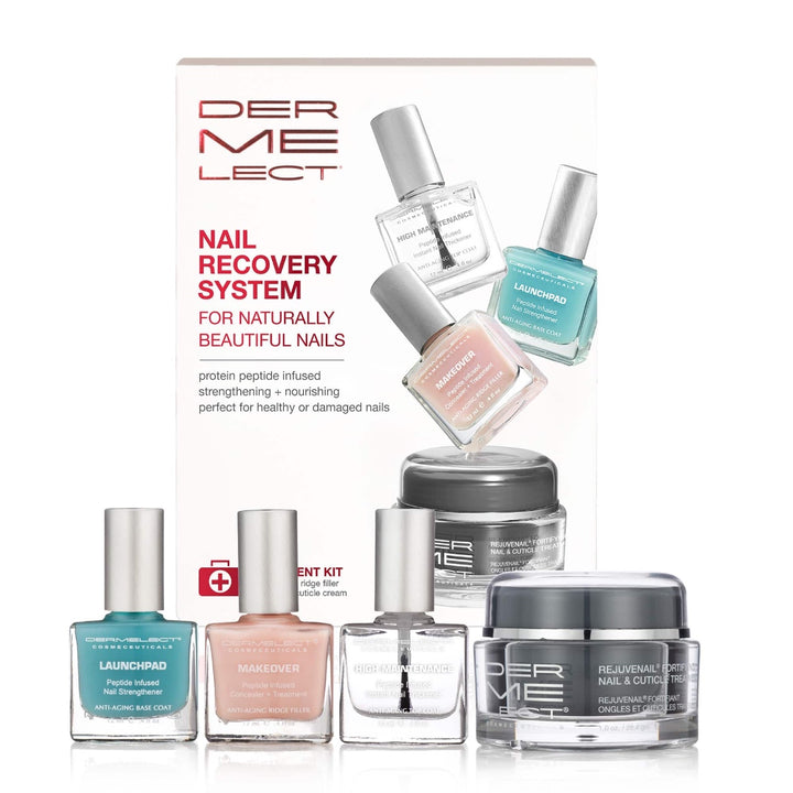 Dermelect nail recovery kit set with turquoise and pink polish bottles plus clear treatment jar and box