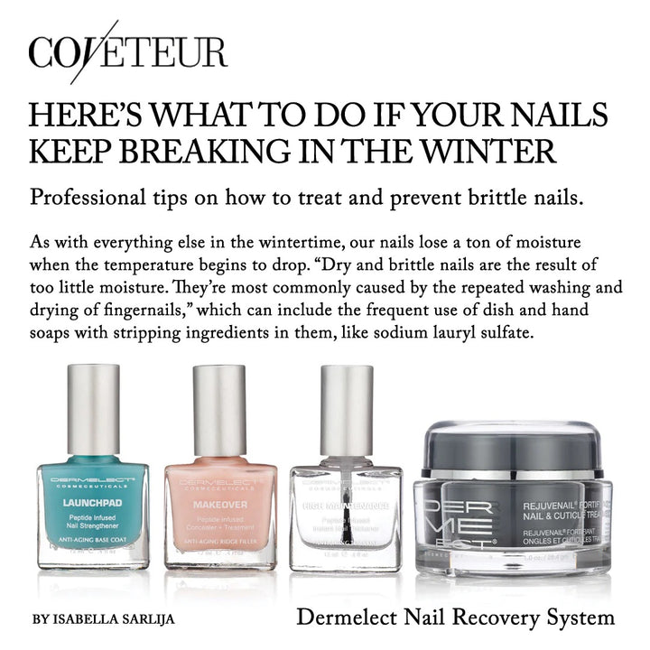 Dermelect nail recovery kit with four products including nail polishes and a rejuvenating nail cream