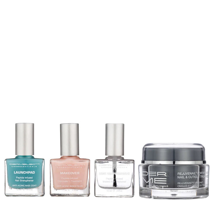 Dermelect nail recovery kit with four products including Launchpad teal bottle Makeover peach clear top coat and repair jar